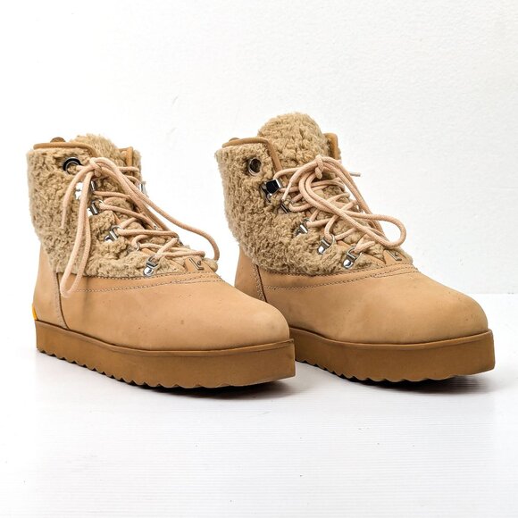 Larroude Women Vali Sand Nubuck Lace-up Faux Fur Lined Winter Boots sz 8